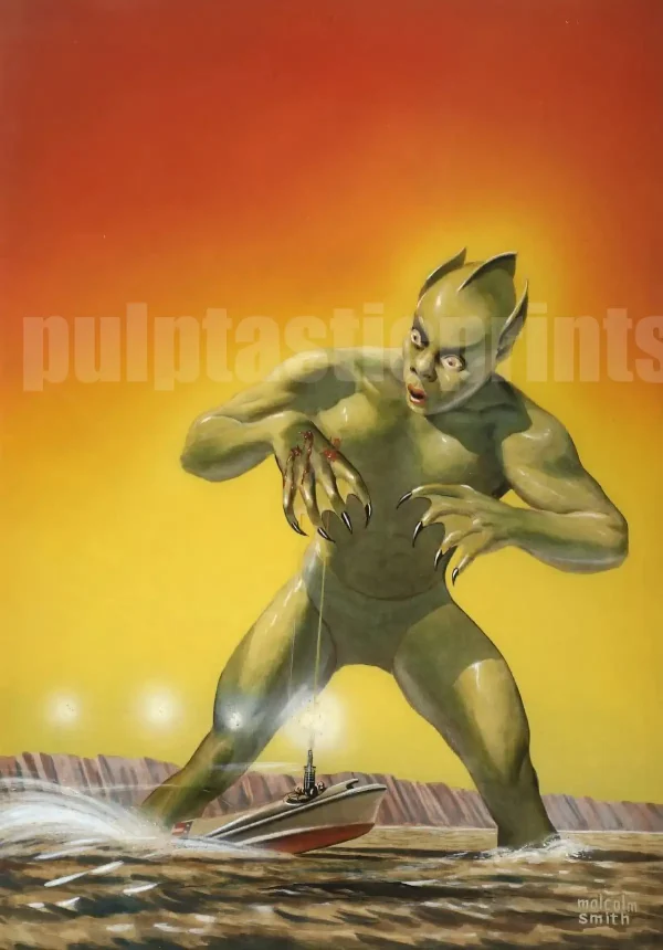 A looming green Giant from Jupiter is the star of this fabulous example of sci-fi pulp mag cover