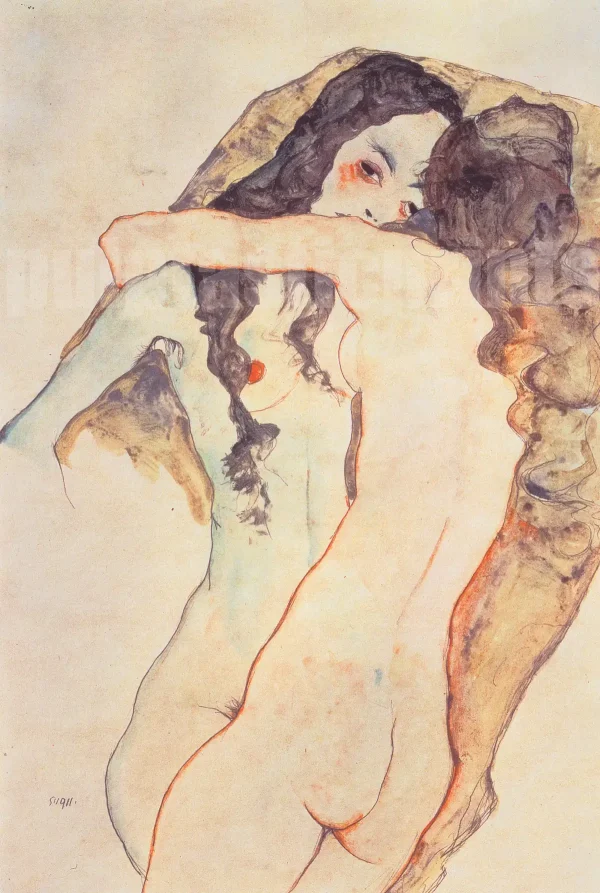 Repro of Austrian artist Egon Schiele's famous 1911 lesbian paintingTwo Women Embracing (Zwei sich umarmende Frauen)