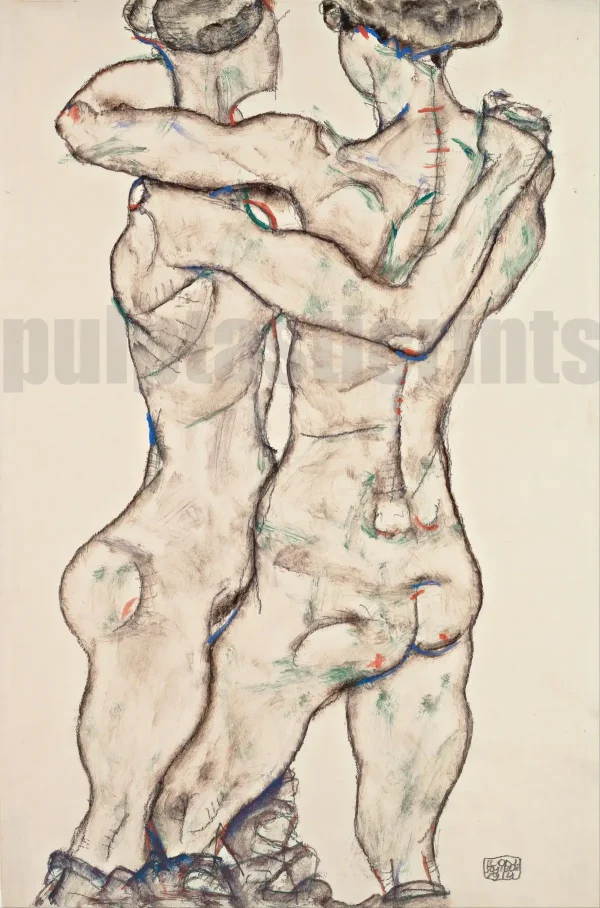 Repro of Austrian artist and renowned expressionist Egon Schiele's 1914 work Naked Girls Embracing