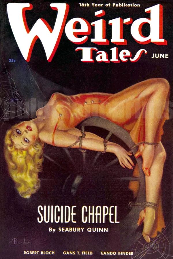A sexy woman in a tight slip, chained to a wheel, her breasts heaving, her face wearing an expression of despair