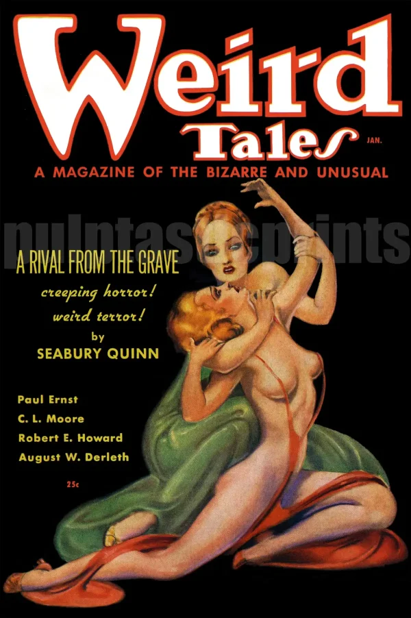 A Rival from the Grave! Creeping horror! Weird terror! .... and an amazing image of two woman, one, presumably the rival from the grave, threatening the semi-nude other woman.