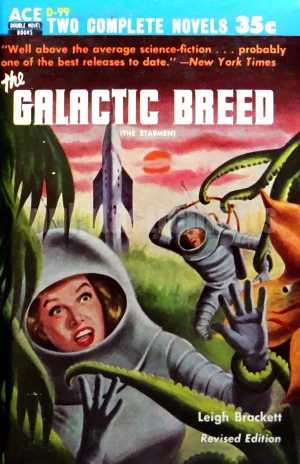 Doris Day lookalike in requisite spacesuit running from plant-like aliens, as fellow space traveler follows her on the cover of sci fi cult classic The Galactic Breed.