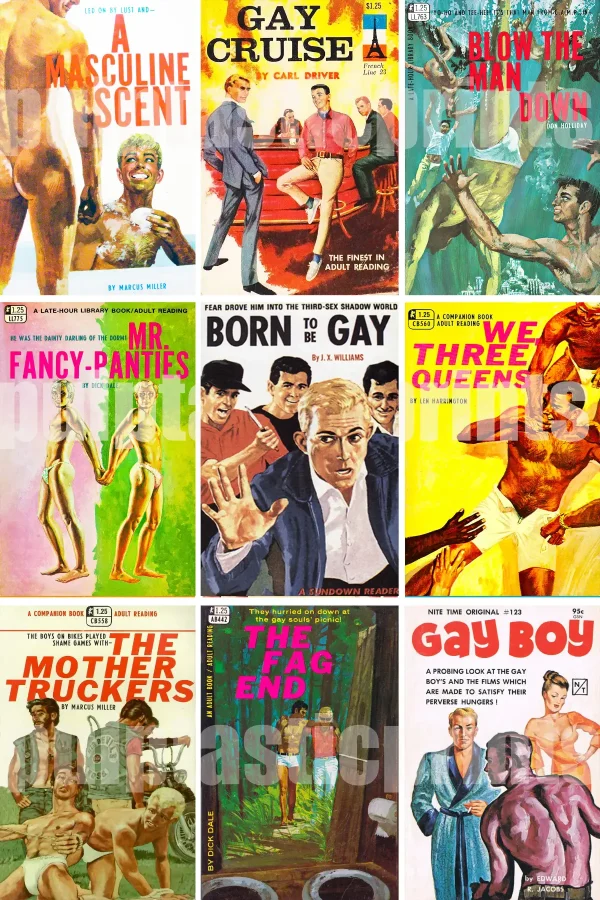 ONE poster showing a selection of 9 of the most evocative (to put it politely!) gay pulp paperback covers!