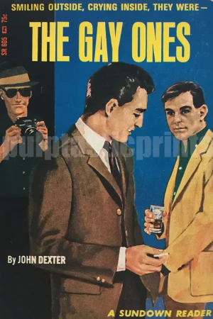 Campy queer wall art! Here's a pulp paperback cover reproduction showing two men and a skulking paparazzo.