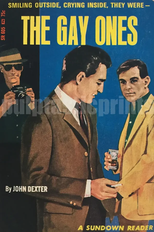 Campy queer wall art! Here's a pulp paperback cover reproduction showing two men and a skulking paparazzo.