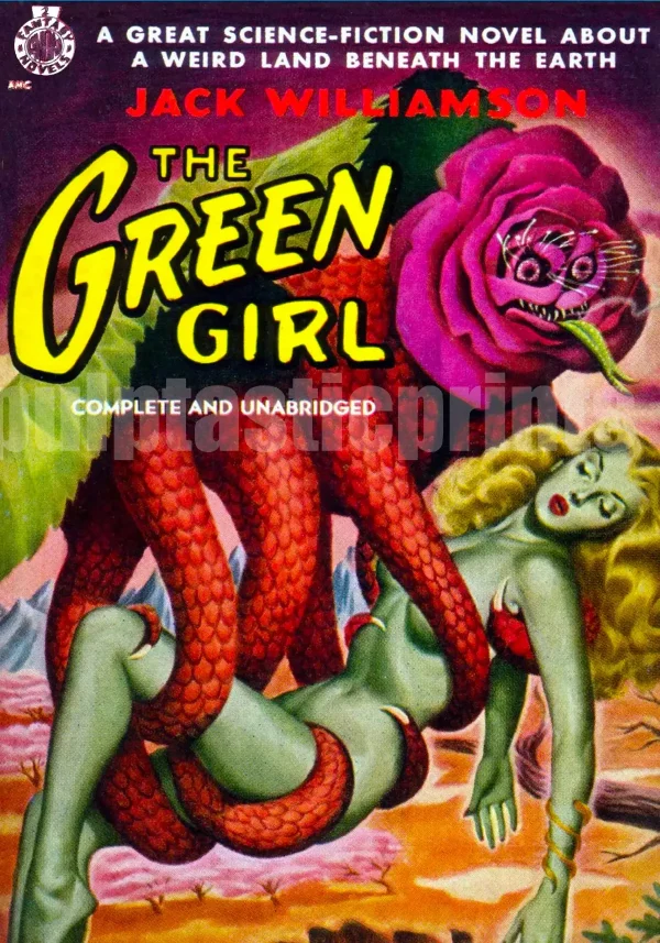 Rose-headed tentacled alien dude abducts sexy nude green girl in this amazing example of super-imaginative sci fi pulp cover.