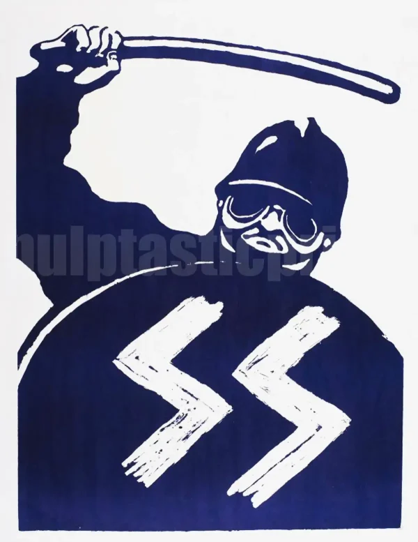 French riot police (the CRS, or Compagnies Républicaines de Sécurité) as a baton-wielding Nazi SS member.