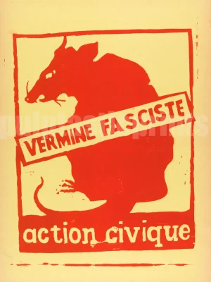 a red rat on a yellow background with the words "Vermine Fasciste"