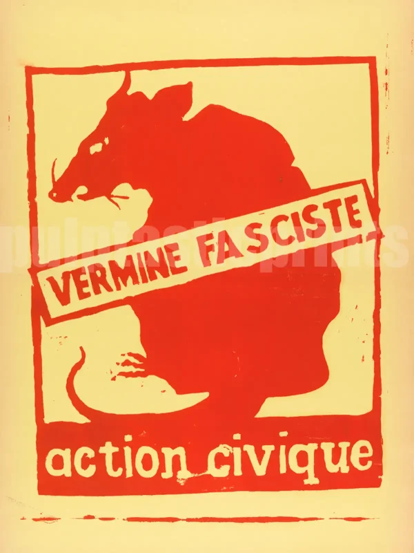 a red rat on a yellow background with the words "Vermine Fasciste"